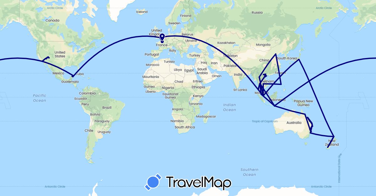 TravelMap itinerary: driving in Australia, China, France, United Kingdom, Indonesia, Japan, Cambodia, Mexico, Malaysia, New Zealand, Philippines, Singapore, Thailand, United States, Vietnam (Asia, Europe, North America, Oceania)